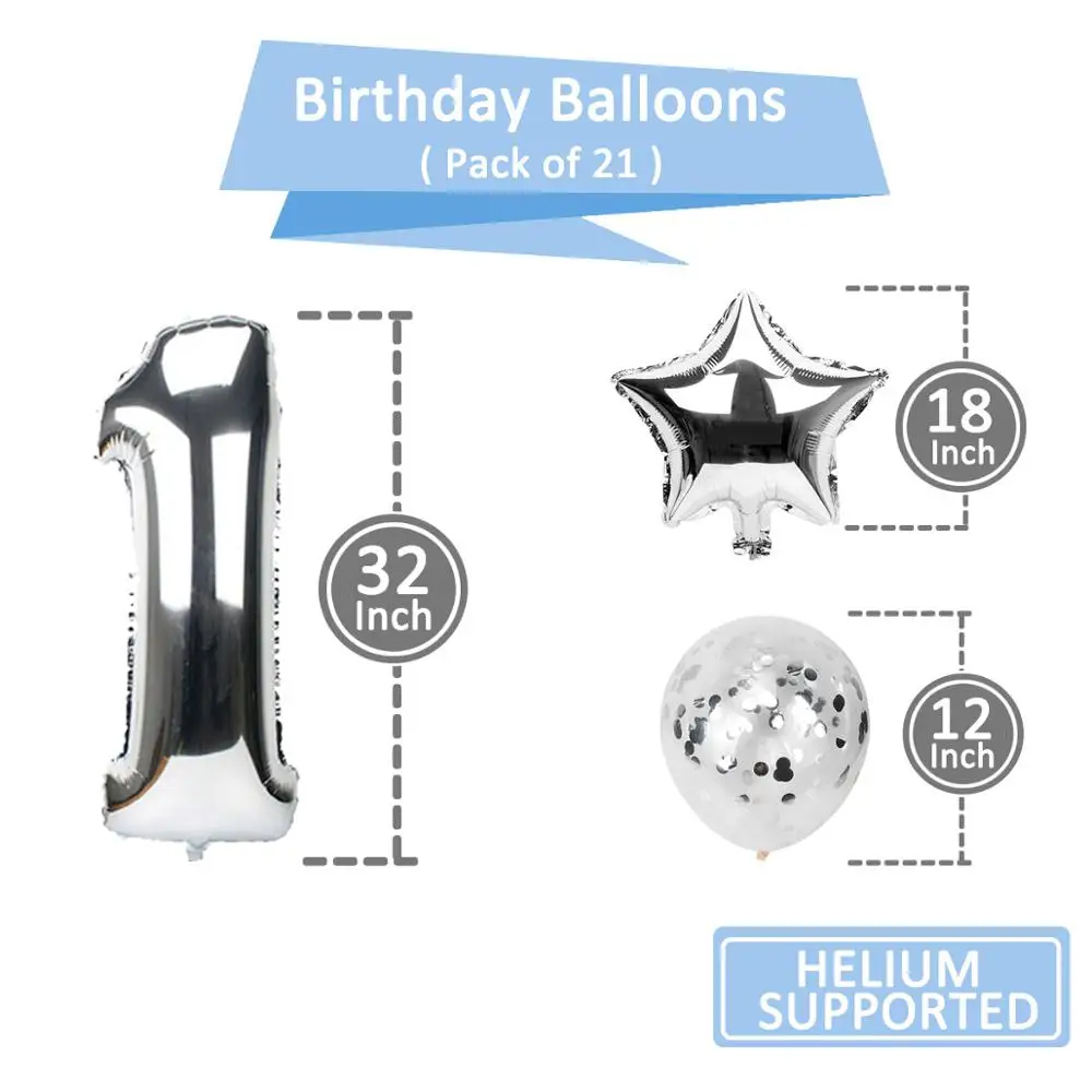 First Birthday Boy Party Blue Silver Confetti Balloons Banner 1st Happy Decorations Baby My 1One Year Decor | Дом и сад