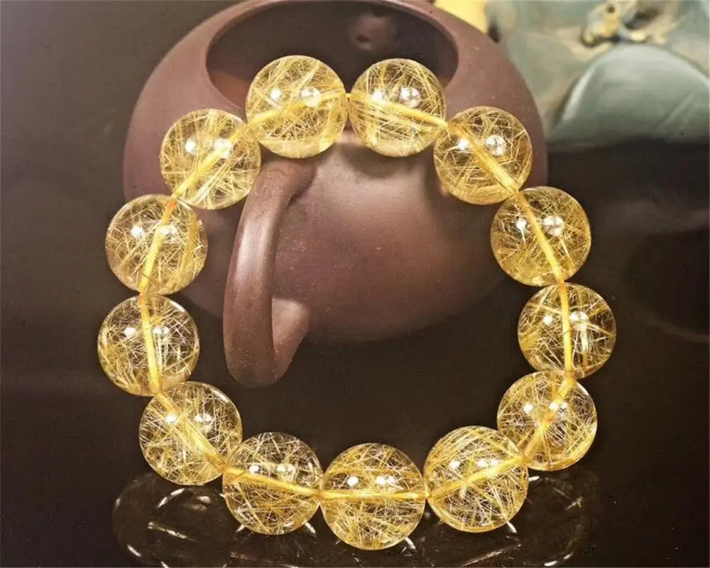 

18mm Top Natural Gold Rutilated Bracelet For Women Man Brazil Round Beads Wealth Stone Stretch Strands Jewelry AAAAA Certificate