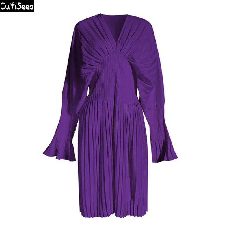 

Женское плиссированное платье с v-образным вырезом Cultiseed, Осеннее шифоновое платье с расклешенными рукавами, вечерние платья для офиса
