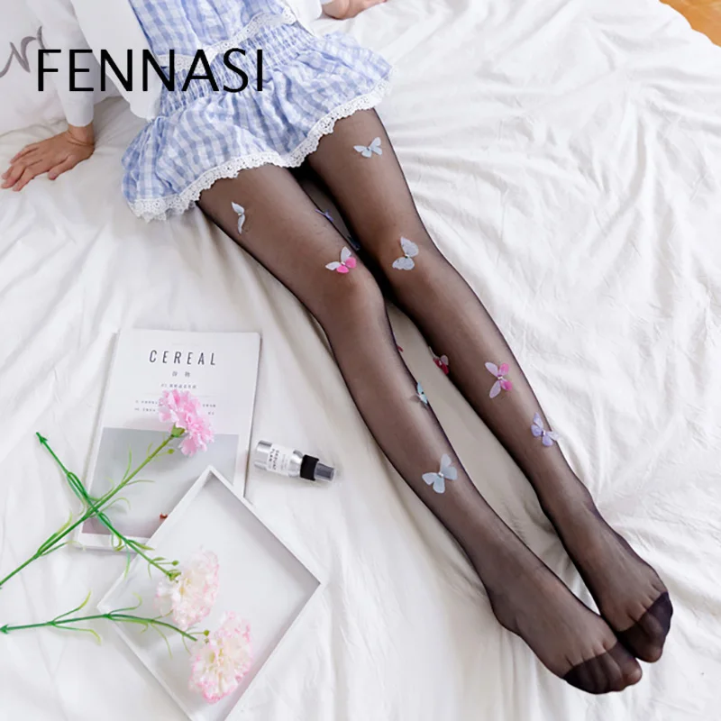 FENNASI женские белые колготки с принтом бабочек черные тонкие нейлоновые защитой