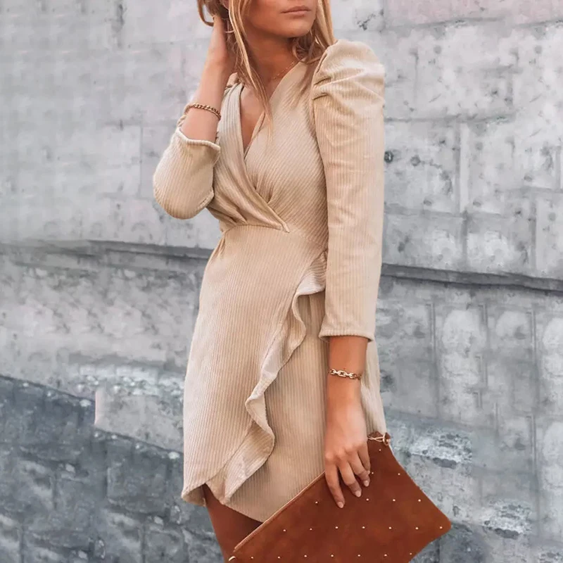 

Женское трикотажное платье-Мини с V-образным вырезом и длинным рукавом