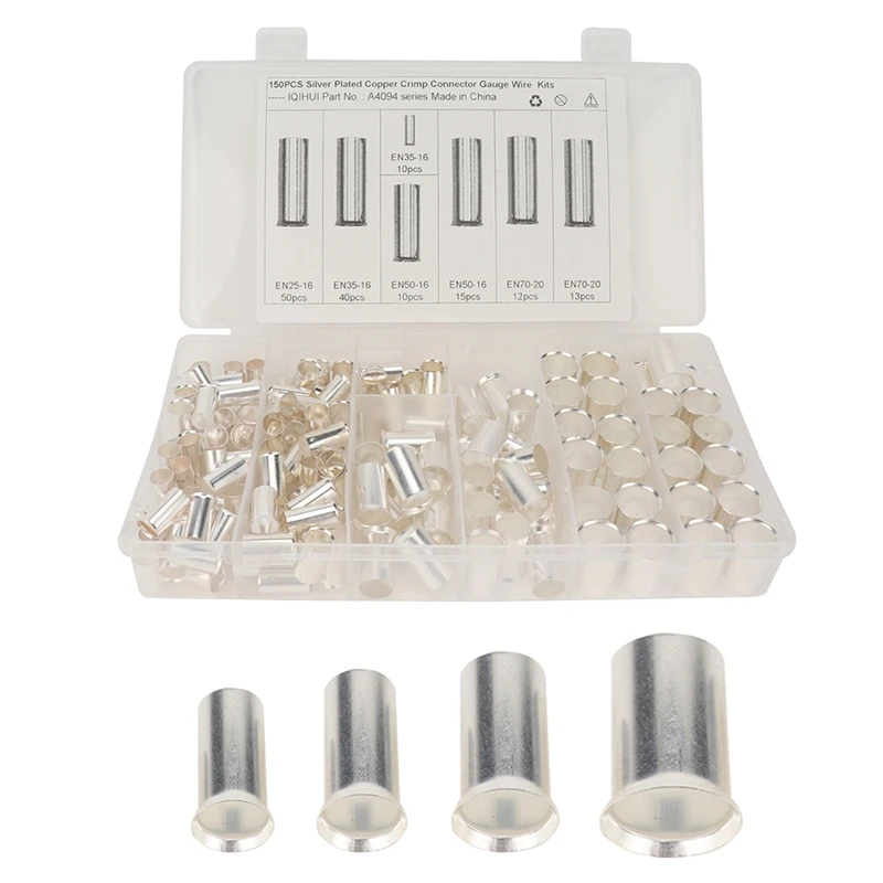 

150Pcs AWG 4 2 1 2/0 Wire Ferrules Kits Crimp Connector Non Insulated Ferrules Pin Cord End Terminal 4 Sizes Assortment