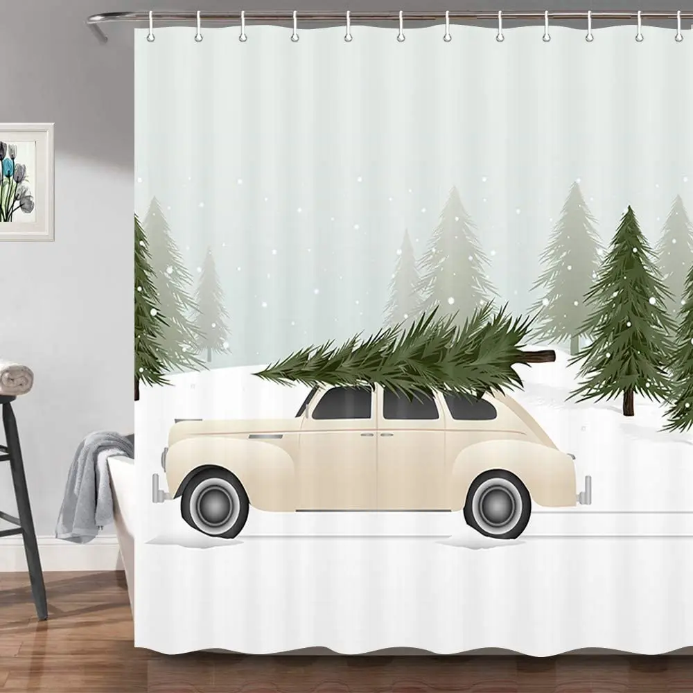

Рождественская зимняя занавеска для душа для ванной, автомобильные деревья, зимний Снежный лес, Декор, современный фермерский Рождественск...