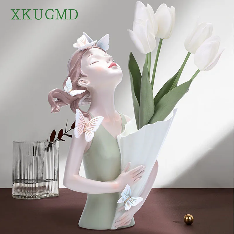 

Nordic Creative Resin Butterfly Girl Bouquet Vase Sculpture Decoration Living Room Bedroom Desktop Home Decor Ornaments