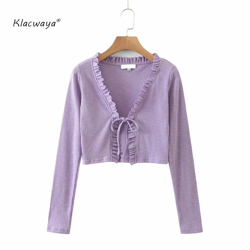 Klacwaya women 2020 fashion lace up ruffles open stitch ladies full sleeve V-neck 100% cotton sweater sexy club style |