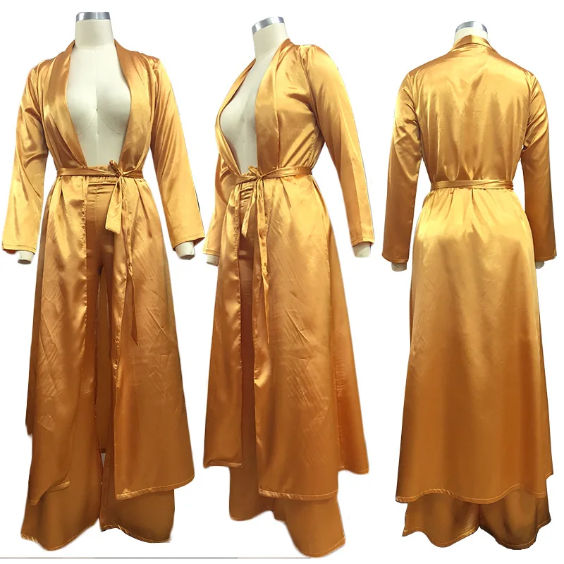 Костюм-кимоно Женский атласный длинный с широкими штанинами золотистый |