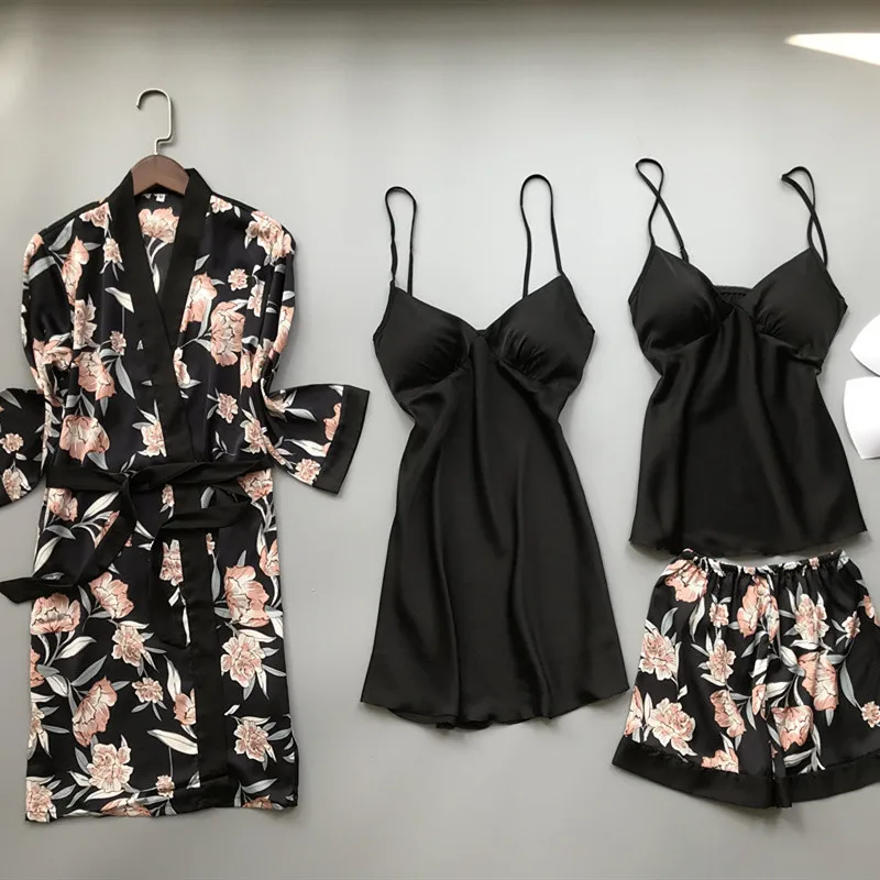 

Women Summer Printed Straps Sleepwear Long Sleeve Nightdress With Breast Pad Sexy Ice Silk Pajamas Casual Bathrobe Set 4PCS