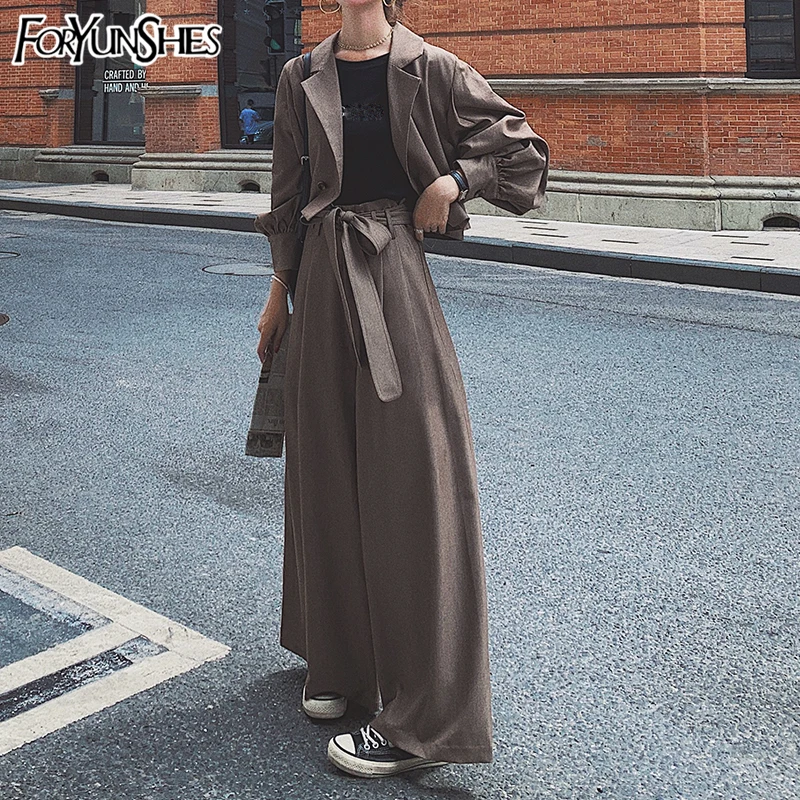 

FORYUNSHES 2 Piece Set Women Oversized Suit Lantern Sleeve Suit Jacket High Waist Lace Up Wide Leg Straight Pants Coat Suits New