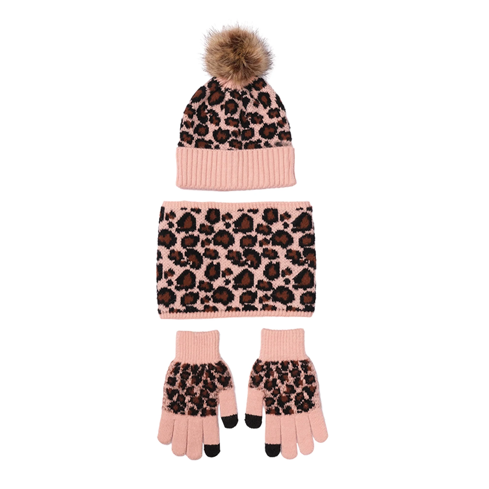 

Women Soft Fashion Leopard Pattern Windproof Ski Thermal 3 In 1 Cold Weather Scarf Cap Glove Set Outdoor Sports Gift Knitting