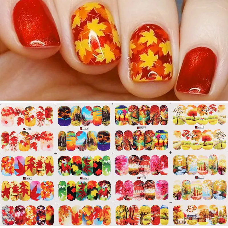 

Autumn Series Nail Art Sticker Marple Leaf Pumpkin Transfer Sticker for Nails Self-adhensive Slider 3D Manicuring Decoration