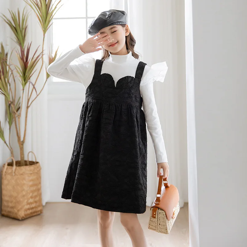 

Girls Suspender Dress Jacquard Flower Sleeveless 2022 New Children Sling Clothes Baby Teen Kids Black Dress Cotton Lining,#6527