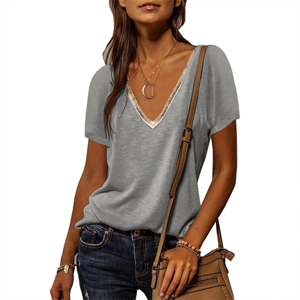 

2021 New Summer Women Fashion V-Neck Color Contrast T-Shirt Casual Ladies Tee Harajuku Plus Size Top Female Short Sleeve Clothes
