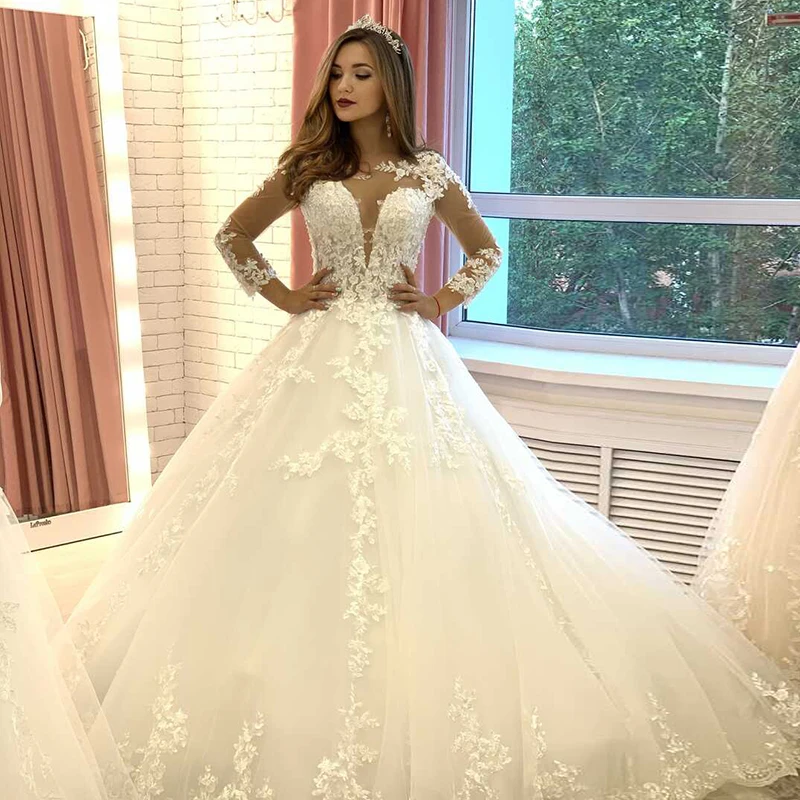

Long Sleeve Wedding Dresses 2022 A-Line O-Neck Lace Appliques Lace Up Tulle Court Train Vintage Bride Gown abiti da cerimonia