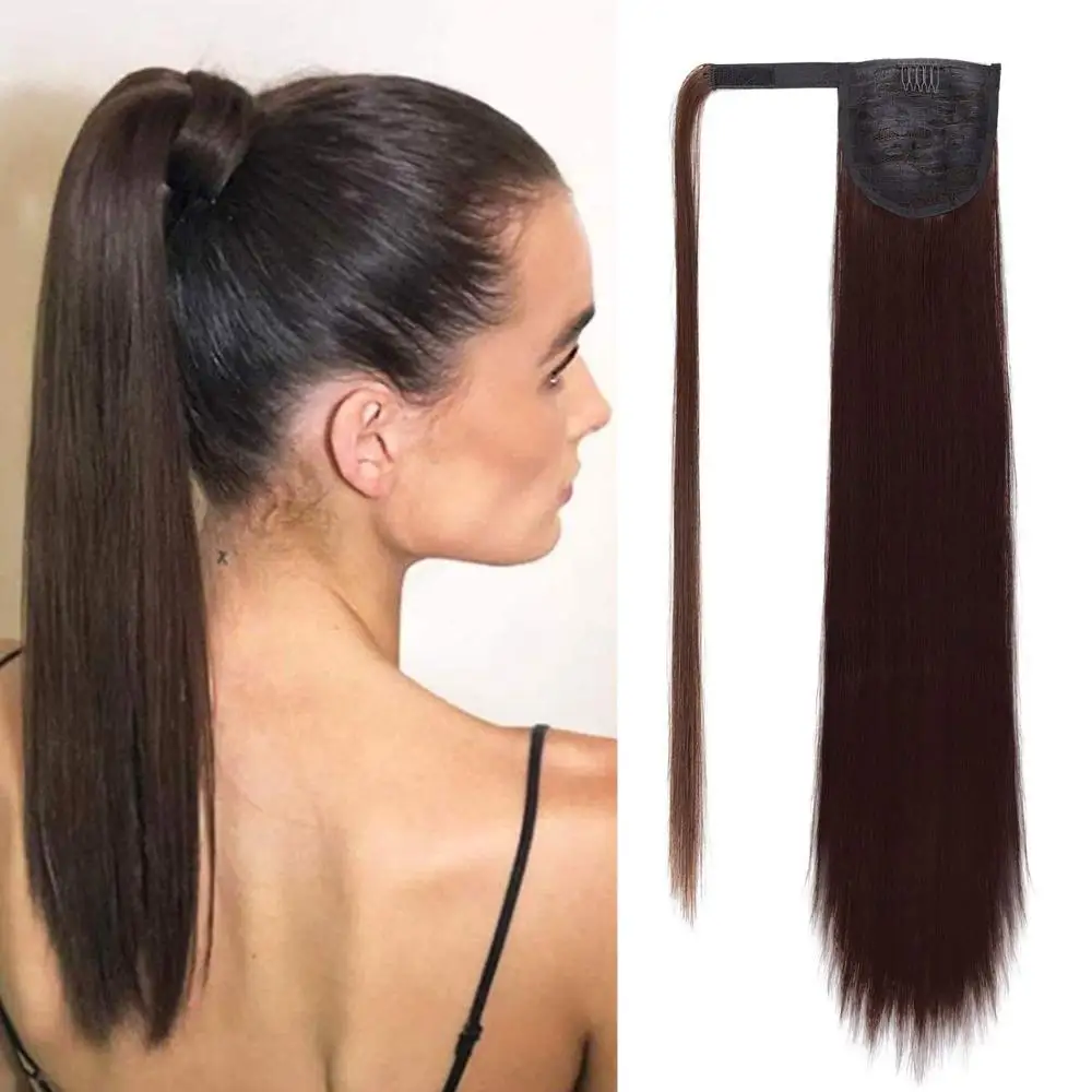 

Kong&Li Synthetic Hair Fiber Resistant Straight Ponytail Hair Extension With Ponytail Extension Extended Black Brown Headwear