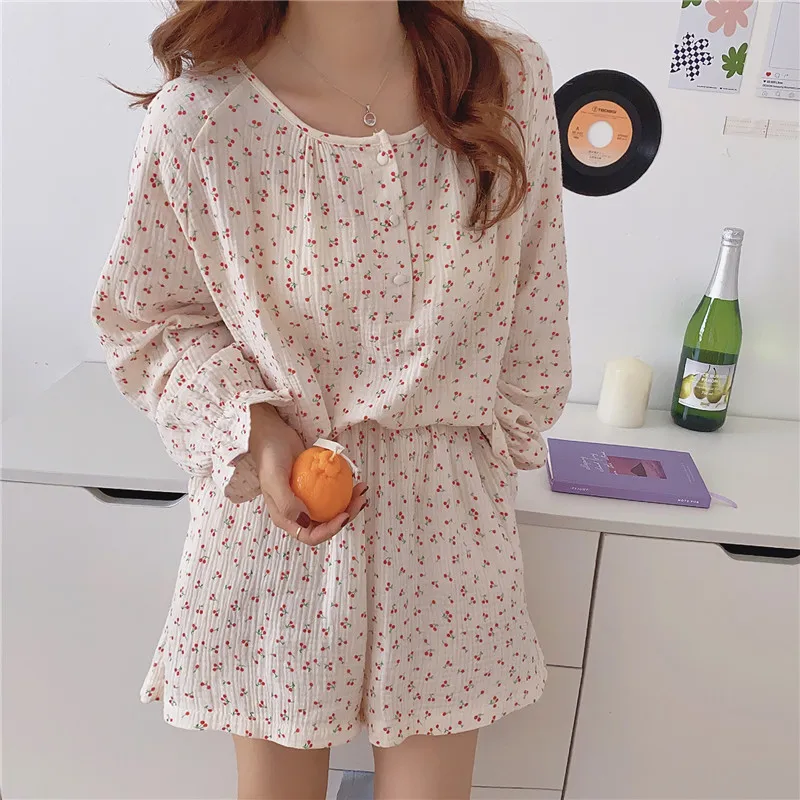 

Ruffle Homewear Korean Pajama Cherry Print Cotton Yarn Sleepwear Two Piece Set Long Sleeve Top+Shorts Skin-Friendly Breathable