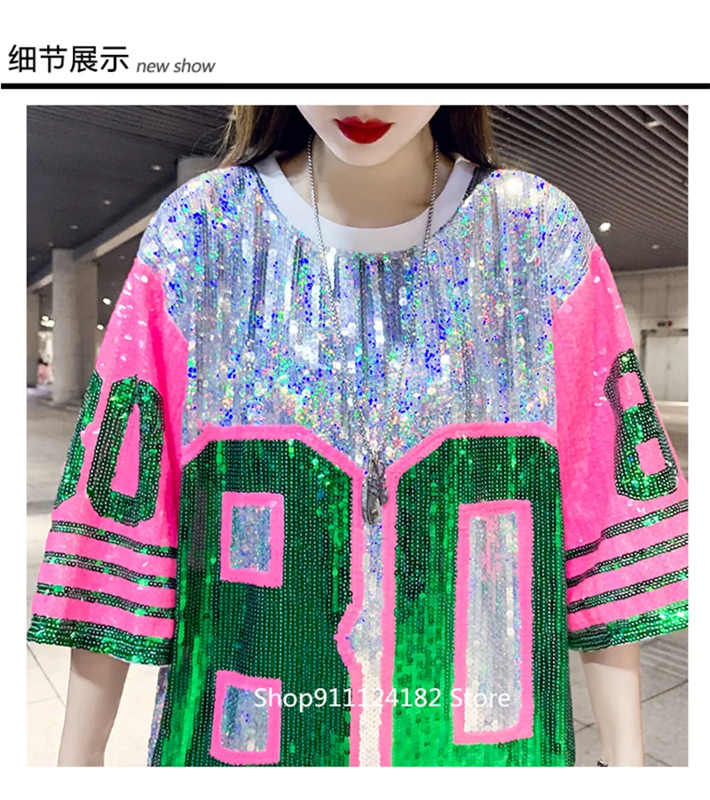 

Hot Tide Brand Summer New Women's Western Style Age-Reducing Heavy Industry Sequined Top Loose Mid-Length Color-Blocking T-shirt