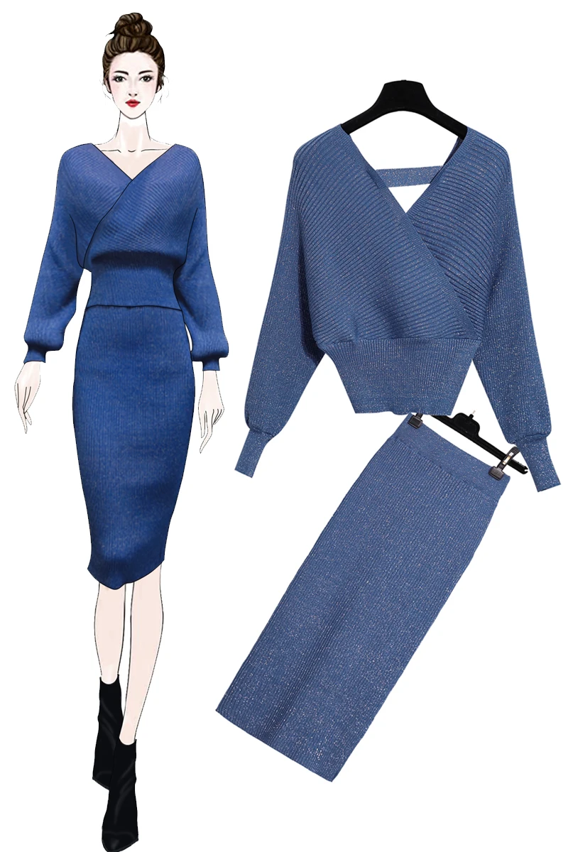 

Solid Knitted Woolen Skirt with Hip Suit 2020 Autumn and Winter New Fashion Slim Sweater Two Piece Outfits for Women