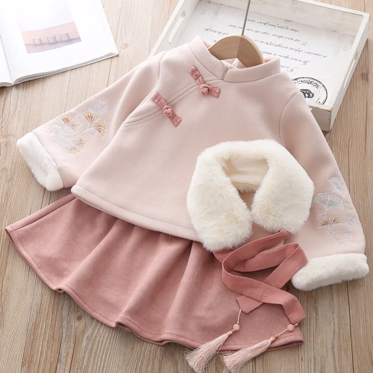 

Girls New Year Clothes Winter Tang Clothes New Retro Flowers Knitwear Tops Short Skirt Suits 2-5 Y Kids Plus Cashmere Clothing