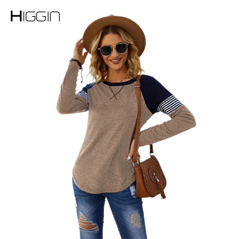 

Women Striped Patchwork T-Shirts For Autumn Asymmetry Panelled O Neck Long-Sleeve T-Shirt Female Casual Loose Pullover Tee Tops