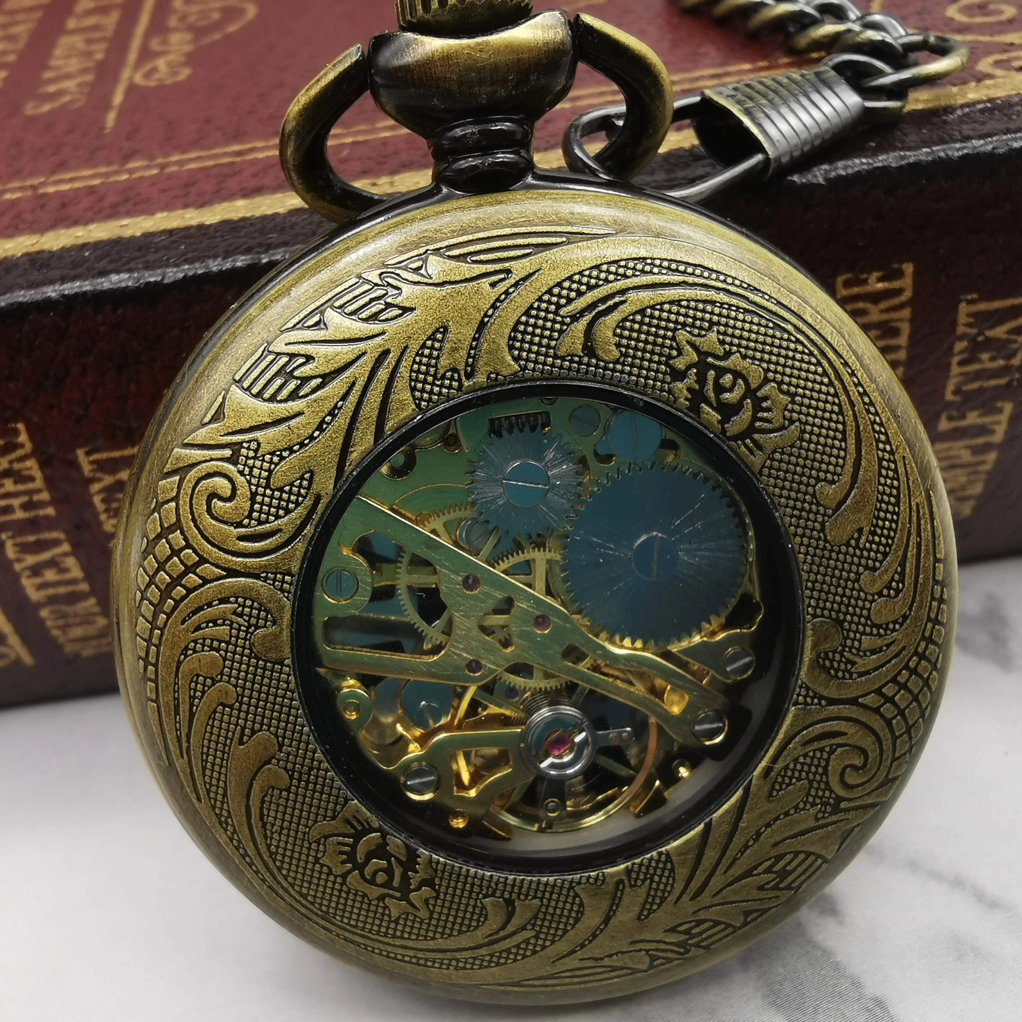 Fashion Classic Bronze Mechanical Hand Wind Pocket Watch Pendant Fob Chain For Men Women Gifts PJX1433