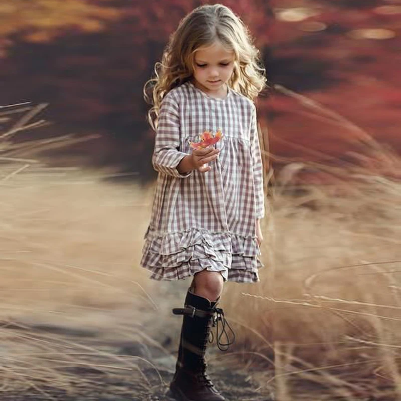 2019 Girls Fashion Plaid Dress New Arrival Autumn Long Sleeve Princess For CU 3-12 INS Style Ruffled Squares Apparel | Детская одежда и