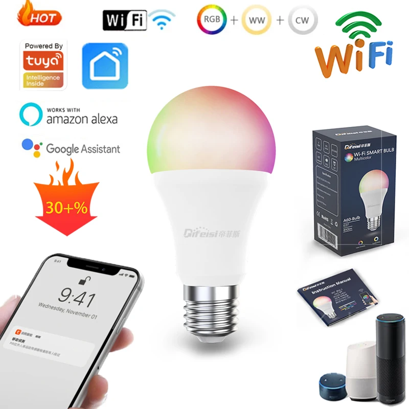 

Умная лампа E27 tuya с поддержкой Wi-Fi, 9 Вт, RGB + CW