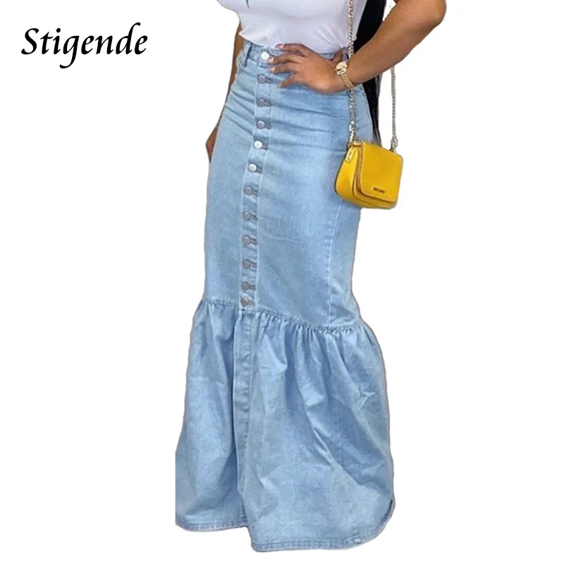 Женская джинсовая юбка с завышенной талией на пуговицах спереди|Женские юбки| |