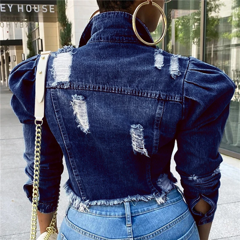

Autumn Women Sexy Ripped Denim Jackets 2021 Vintage Casual Short Jean Jacket Puff Sleeve Winter Female Coat Streetwear