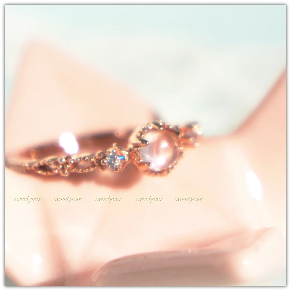 

Small Pool-Natural Glass Body Blue Moonstone Pink Crystal 925 Sterling Silver Rose Gold Plated Fine Ring Light Jewelry Gift