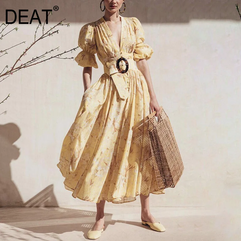 WM11507L 2020 new summer fashion women clothing V-neck half puff sleeves high waist belt female printed dress vacation | Женская одежда