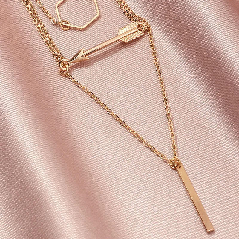

Simple Hexagonal Circle Long Arrow Bar Pendant Necklace Elegant Layered Necklace For Women Jewelry Gifts