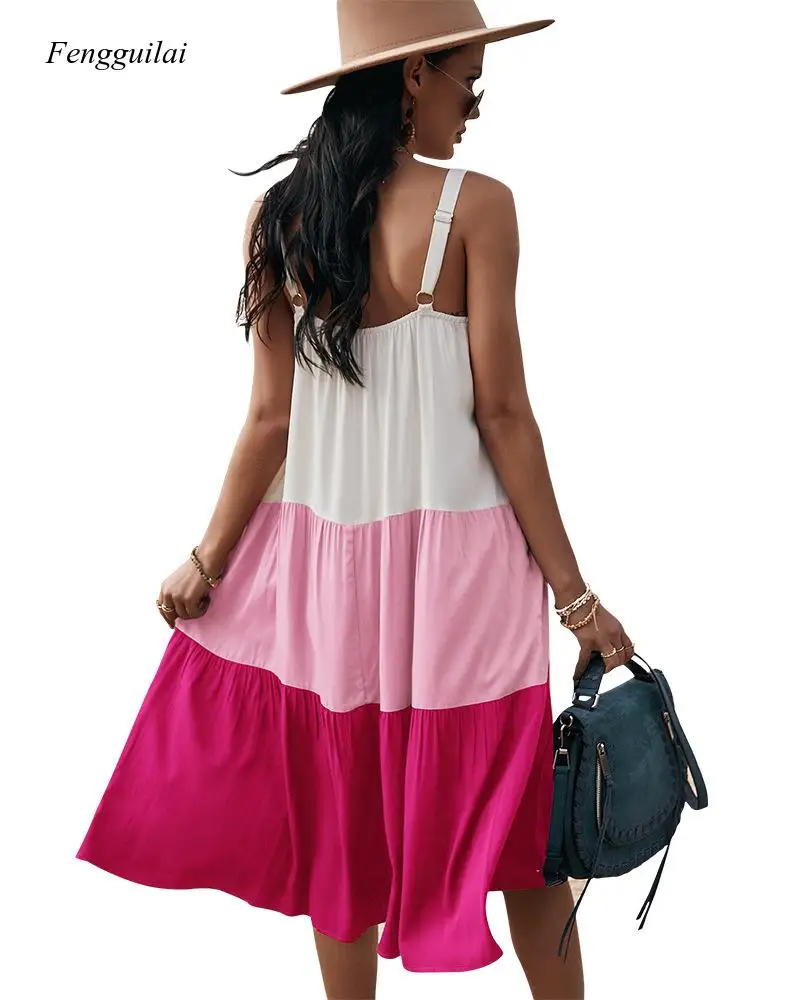 

Design Contrast Color Stitching Women's Suspender Dress New 2021 Spring and Summer Big Swing Causal Beach Skirt