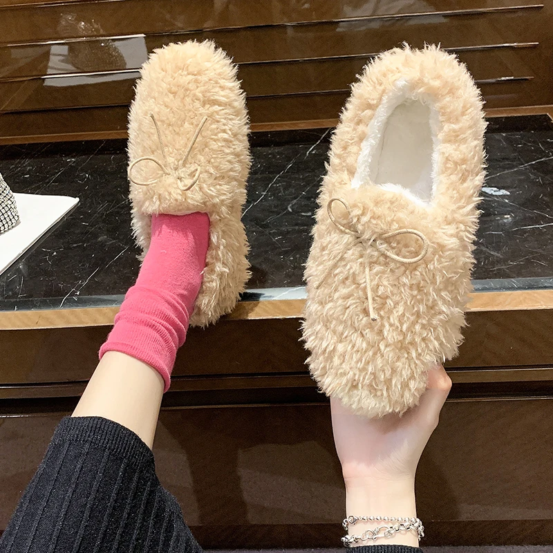 

Casual Woman Shoe Female Footwear Clogs Platform Round Toe Bow-Knot Loafers Fur Slip-on Dress Creepers Moccasin Butterfly Boat W