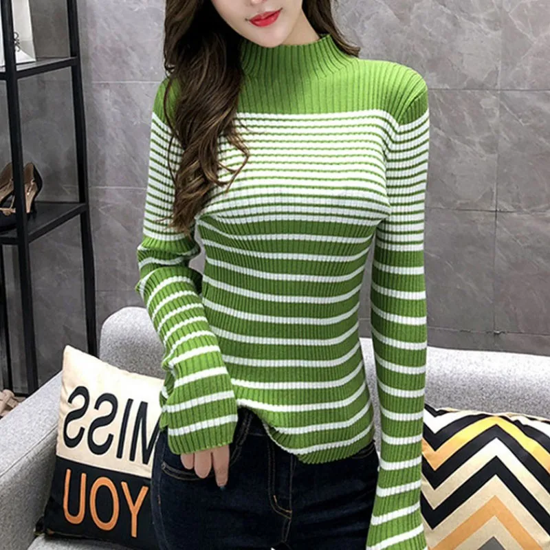 Women's Sweater Fashion Basic Autumn Winter Stripes Print Slim Long Sleeved Turtleneck Bottom Knit | Женская одежда