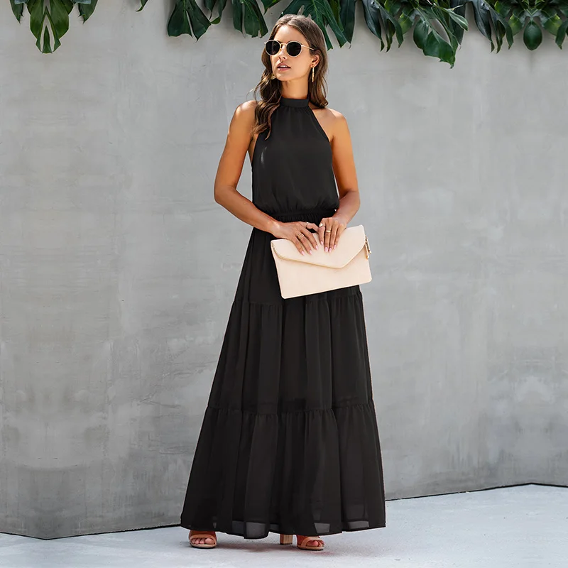 

New 2021 Women's Summer Fashion Halter Pure Color Dress Elegant Style Ladies Swing Dress