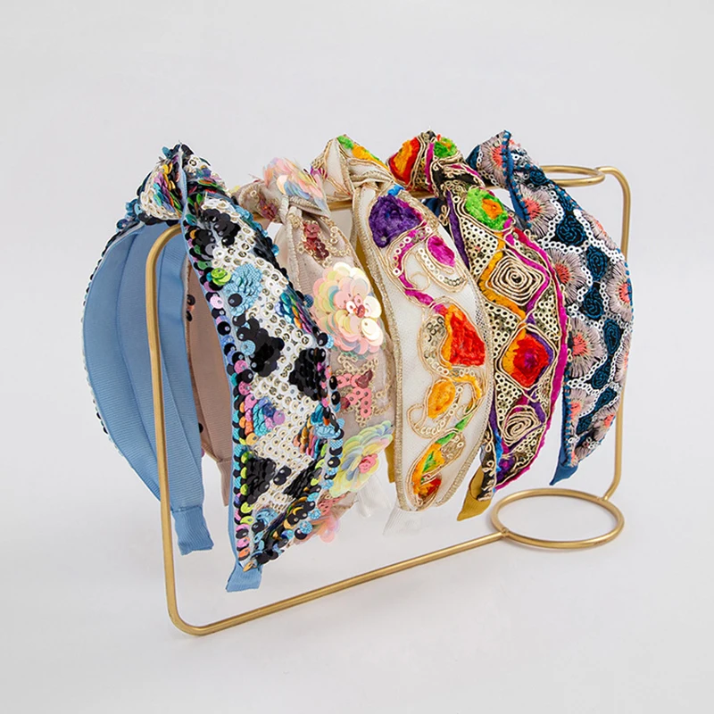 Обруч для волос Женский широкий с пайетками в этническом стиле ручной работы