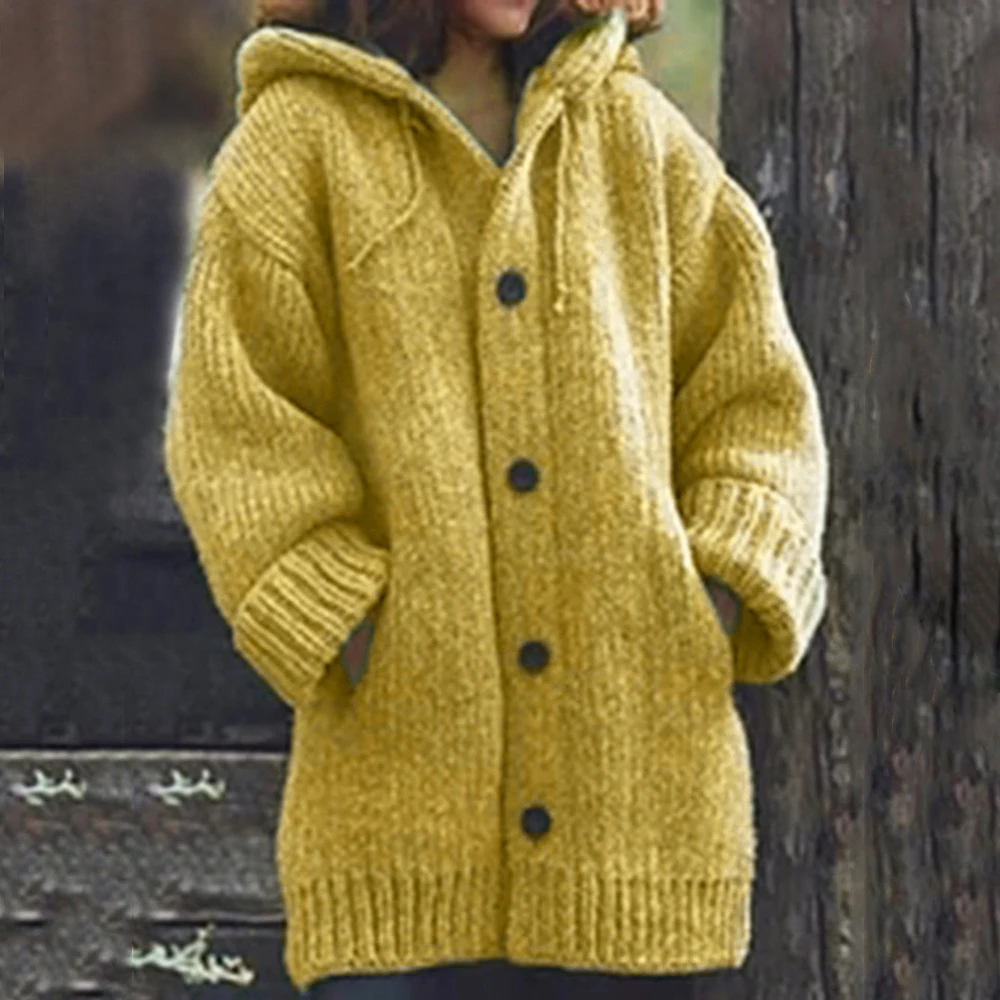 MoneRffi Women Cardigans Solid Sweater Coat Button Warm Loose Wool Knitted Autumn Winter Hooded Long Cardigan Plus Size 5XL |