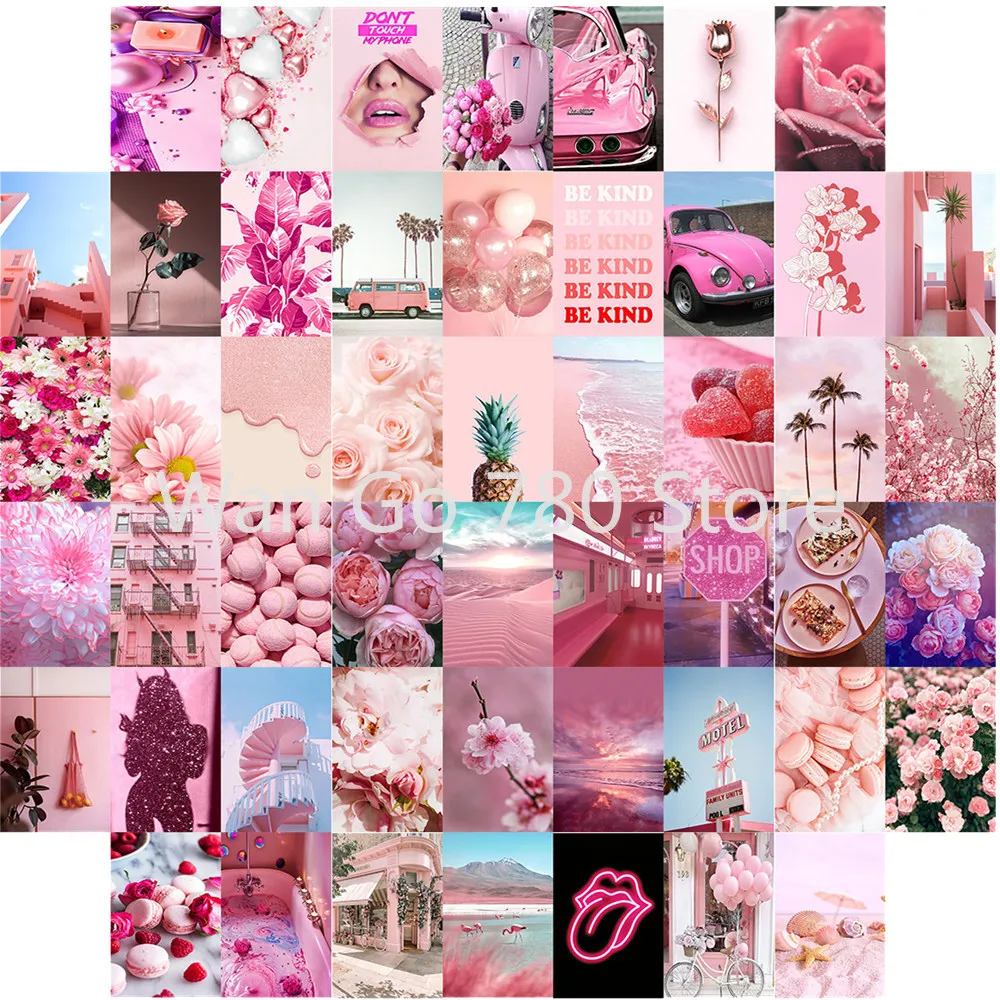 

50Pcs Pink Girl Style Series Girls Heart Overflowing Postcard Wall Sticker Set Photography Props Wall Art Collage Decorative