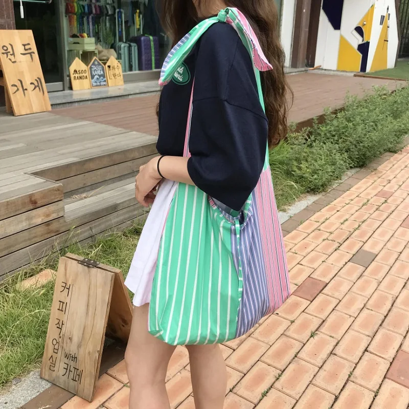 

women's bag Canvas Tote bag Single Bow Lady Striped Shoulder Bags for teenage girls shopping bag Travel bag handbags ladylike