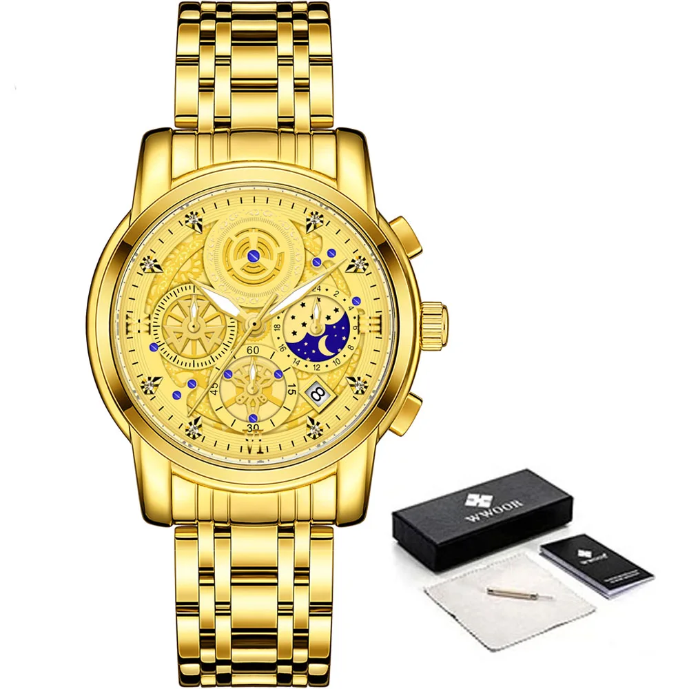 

2021 WWOOR Mens Watches Fashion Business Steel Hollow Golden Men Wristwatch Top Brand Luxury Chronograph Quartz Relogio Masculio