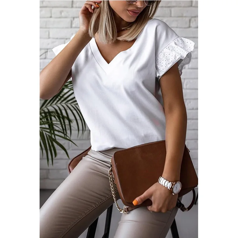 

New Ruffle Lace Short Sleeve Tshirt Women Summer Loose V-Neck Solid Color T-Shirt Tops Female Casual Plus Size Tshirt Tees Mujer