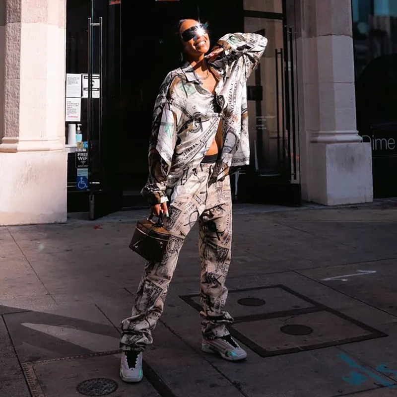 Женские брюки с принтом доллара крутая рубашка на пуговицах отложным воротником