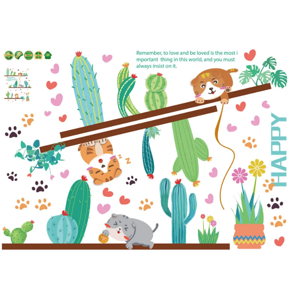 Мультяшные животные кошка котенок кактус высота мерная Настенная Наклейка для
