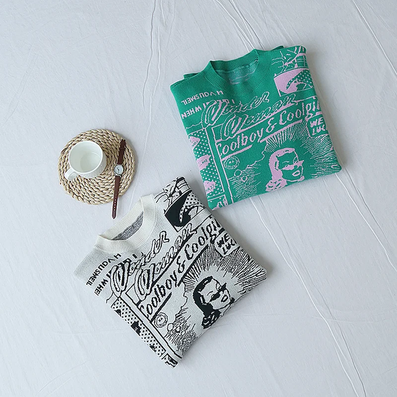 Woherb винтажный пуловер свитер Женский вязаный Топ с мультяшным принтом букв новая