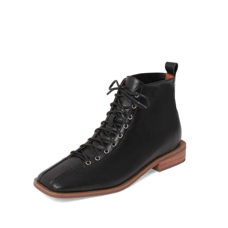 

New Retro Style Short Tube Square Toe Lace-up Ankle Boots Female Brown British Style Autumn Winter Flat Bottom Ankle Boots