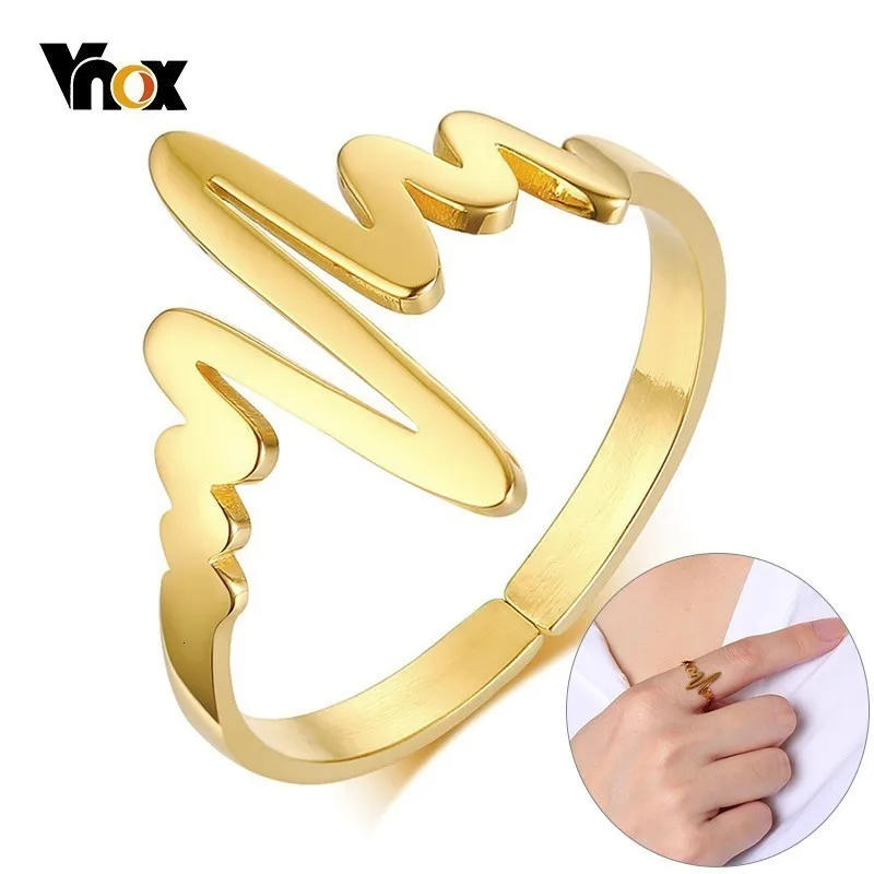 Vnox, романтическое кольцо с сердечком, регулируемое кольцо для женщин, 8#-10#, золотой тон, нержавеющая сталь, элегантные электрокардиограммы, вечерние кольца
