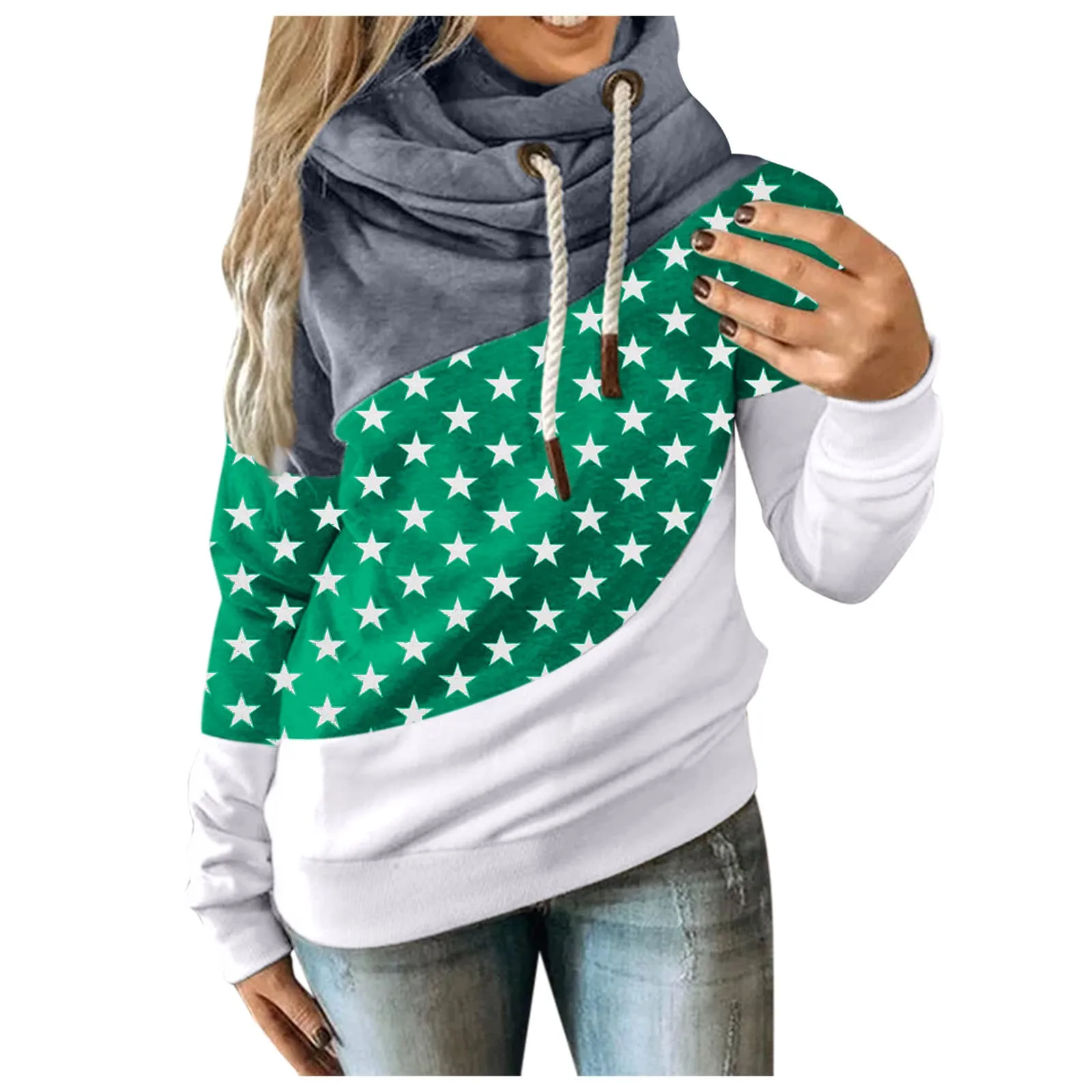

Women Autumn Winter Casual Stars Contrast Long Sleeve Hoodie Sweatshirt Tops 2020 Fashion Women Casual tops Polyester