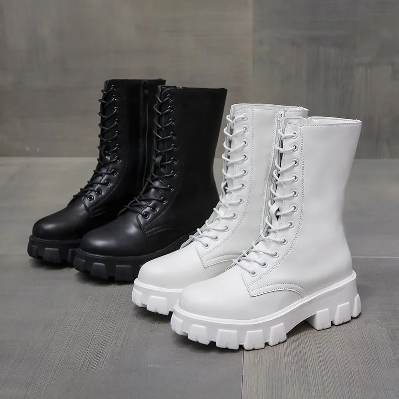 

2021 New Fashion Boots Women Warm Boots Heel Boots for Woman Zip Platform Black Basic Lace Up Women Shoes White Leather Boots