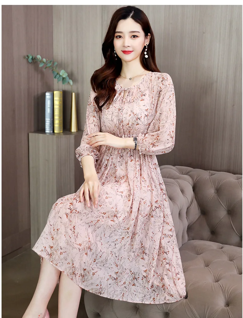 

2021 spring luxury ladies chiffon floral long sleeve dress children spring and autumn high-end waist slimming temperament