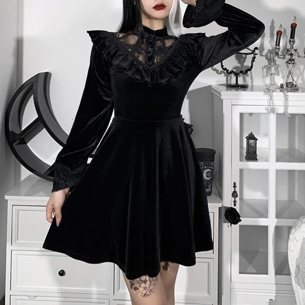 

Gothic Retro Women Darkness Fashion Women's High Waist Temperament Commuter Dress Ruffled Lace Gauze Perspective A-line Skirt